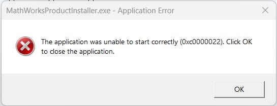 the application was unable to start correctly (0xc0000022). click ok to close the application