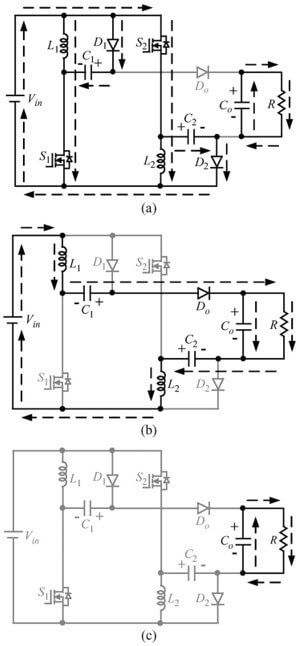 شکل 7: مدارهای معادل مبدل پیشنهادی III. (a) کلیدها روشن. (b) کلیدها خاموش. (c) در حالت DCM